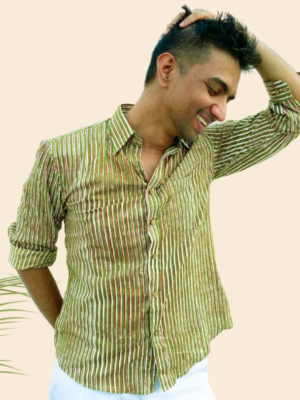 Green Stripes Bagru Print Cotton Shirt