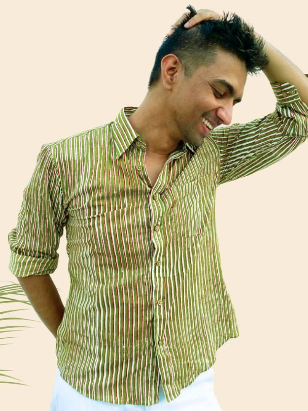 Green Stripes Bagru Print Cotton Shirt