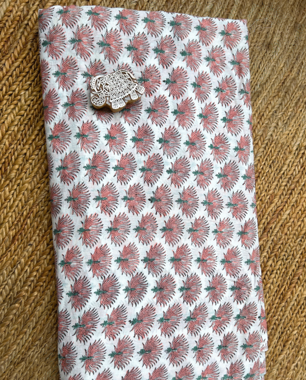 White & Peach Block Print Cotton Fabric         (Rs.500/meter)