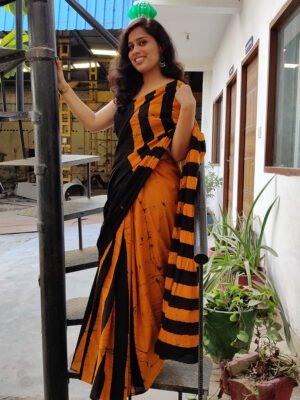 Black And Mustard Bold Stripes Mul Cotton Saree