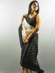 Nizami Black and White Ikkat Saree