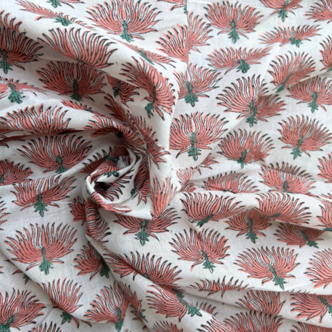 White & Peach Block Print Cotton Fabric (Rs.500/meter)
