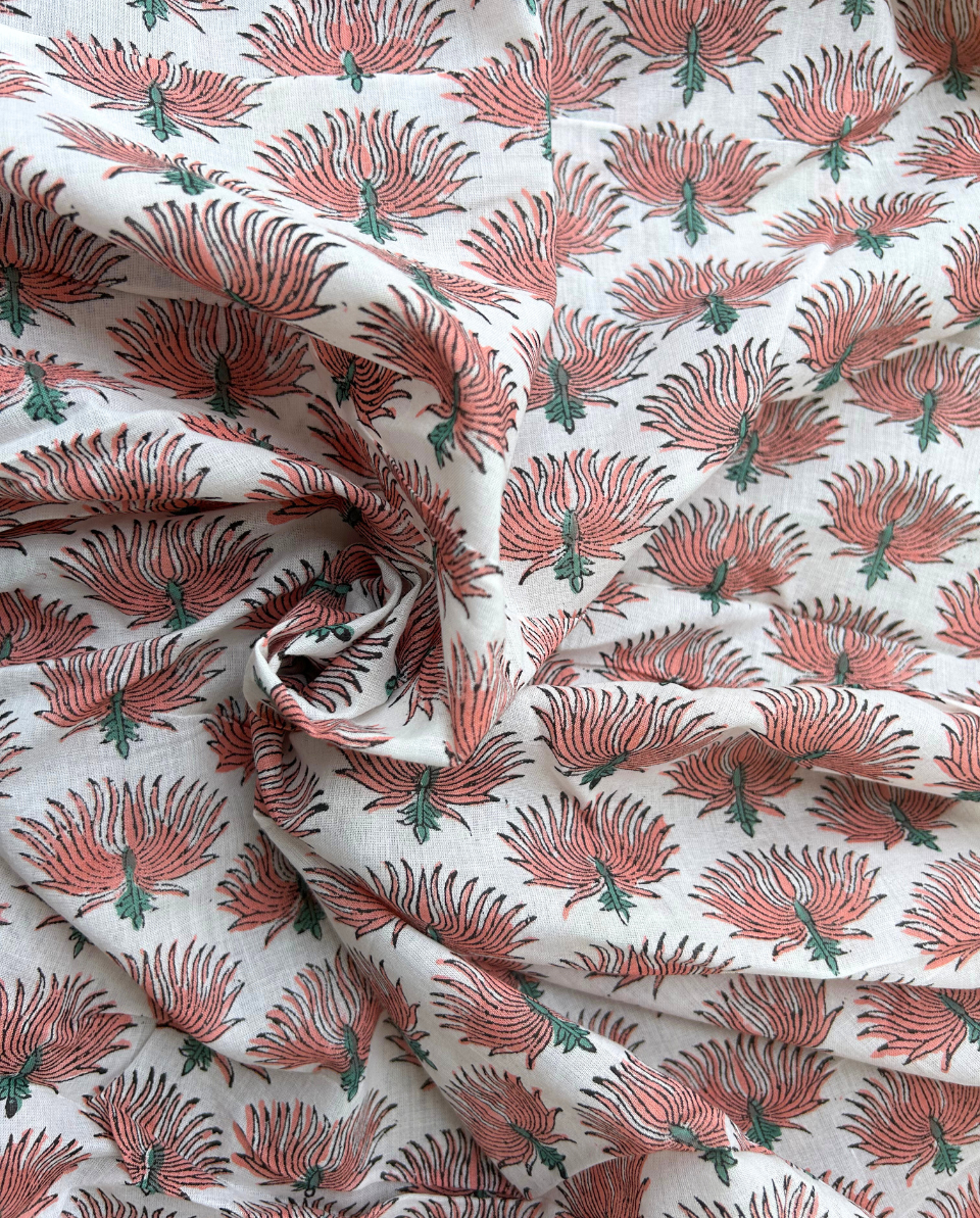 White & Peach Block Print Cotton Fabric         (Rs.500/meter)