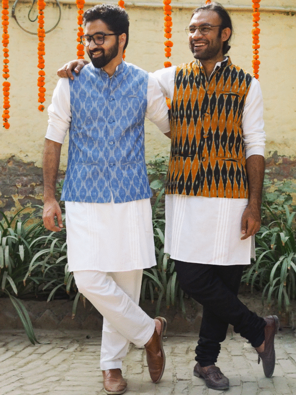 Mustard & Black Ikkat Handwoven Cotton Nehru Jacket