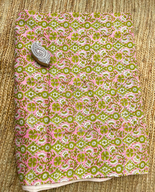 Pink and Green Block Print Cotton Fabric         (Rs.500/meter)