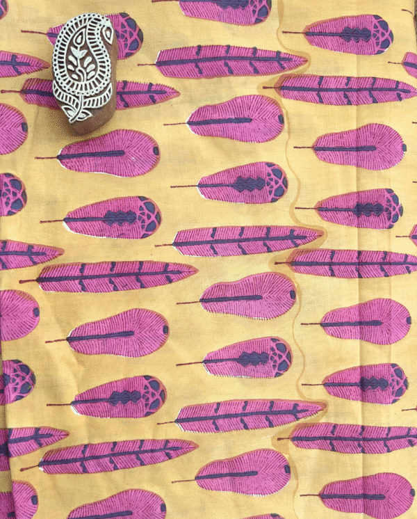 Pink Feather Block Print Cotton Fabric         (Rs.500/meter)