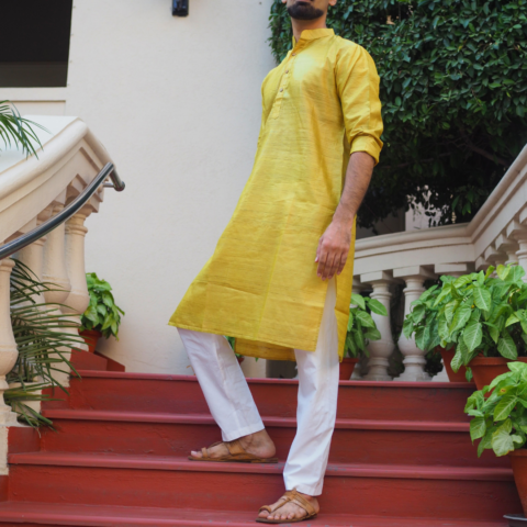 Yellow Green Bhagalpuri Tussar Silk Kurta