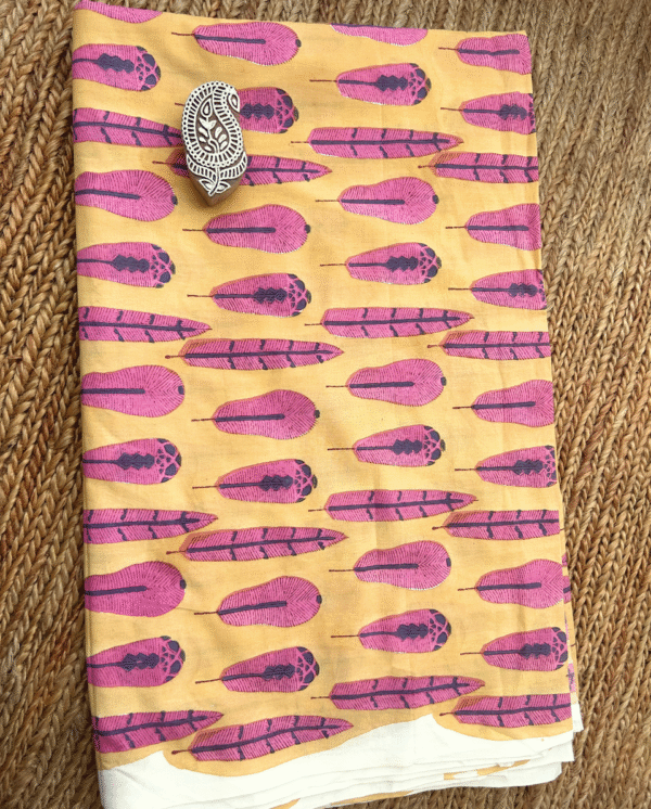 Pink Feather Block Print Cotton Fabric         (Rs.500/meter)