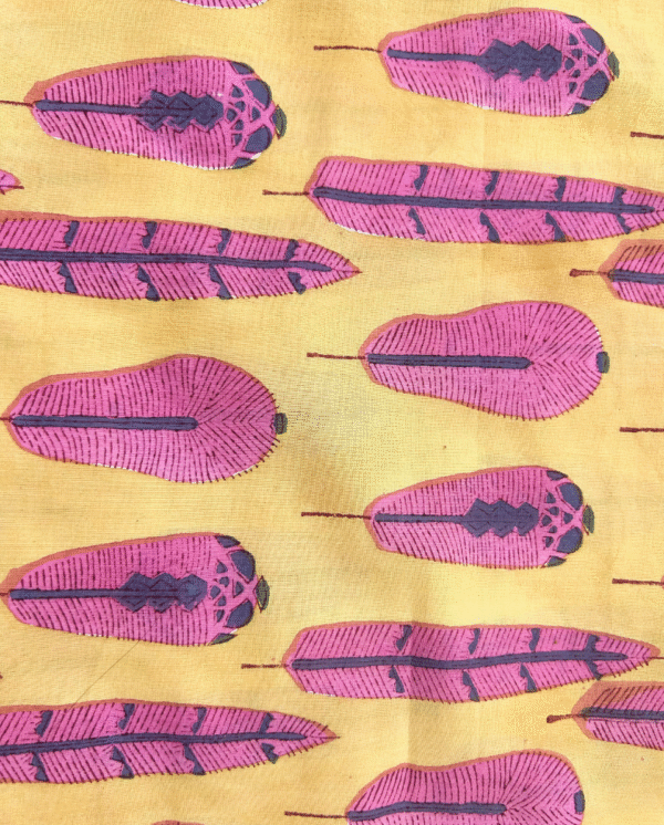 Pink Feather Block Print Cotton Fabric         (Rs.500/meter)