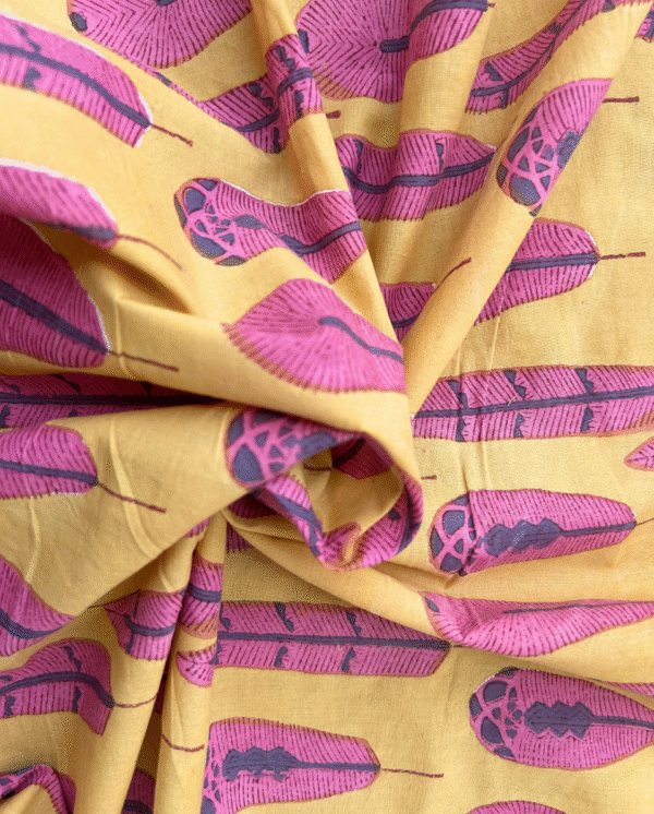 Pink Feather Block Print Cotton Fabric         (Rs.500/meter)