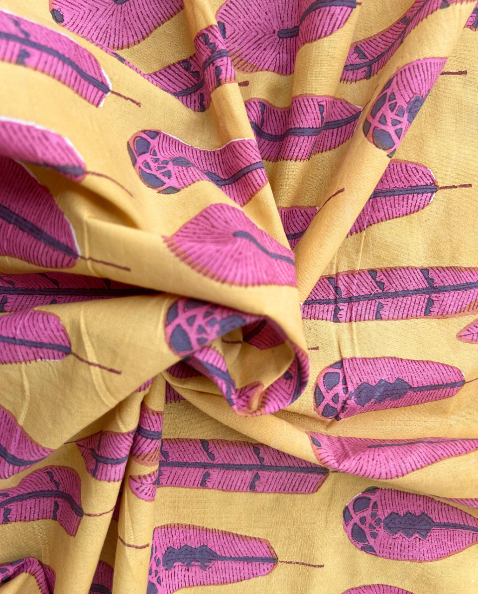 Pink Feather Block Print Cotton Fabric         (Rs.500/meter)