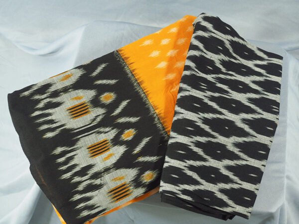 Nizami Orange Mustard and Black Ikkat Saree