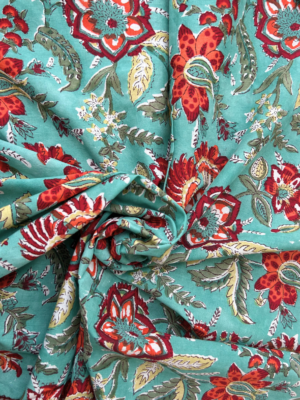 Green Floral Block Print Cotton Fabric (Rs.450/meter)