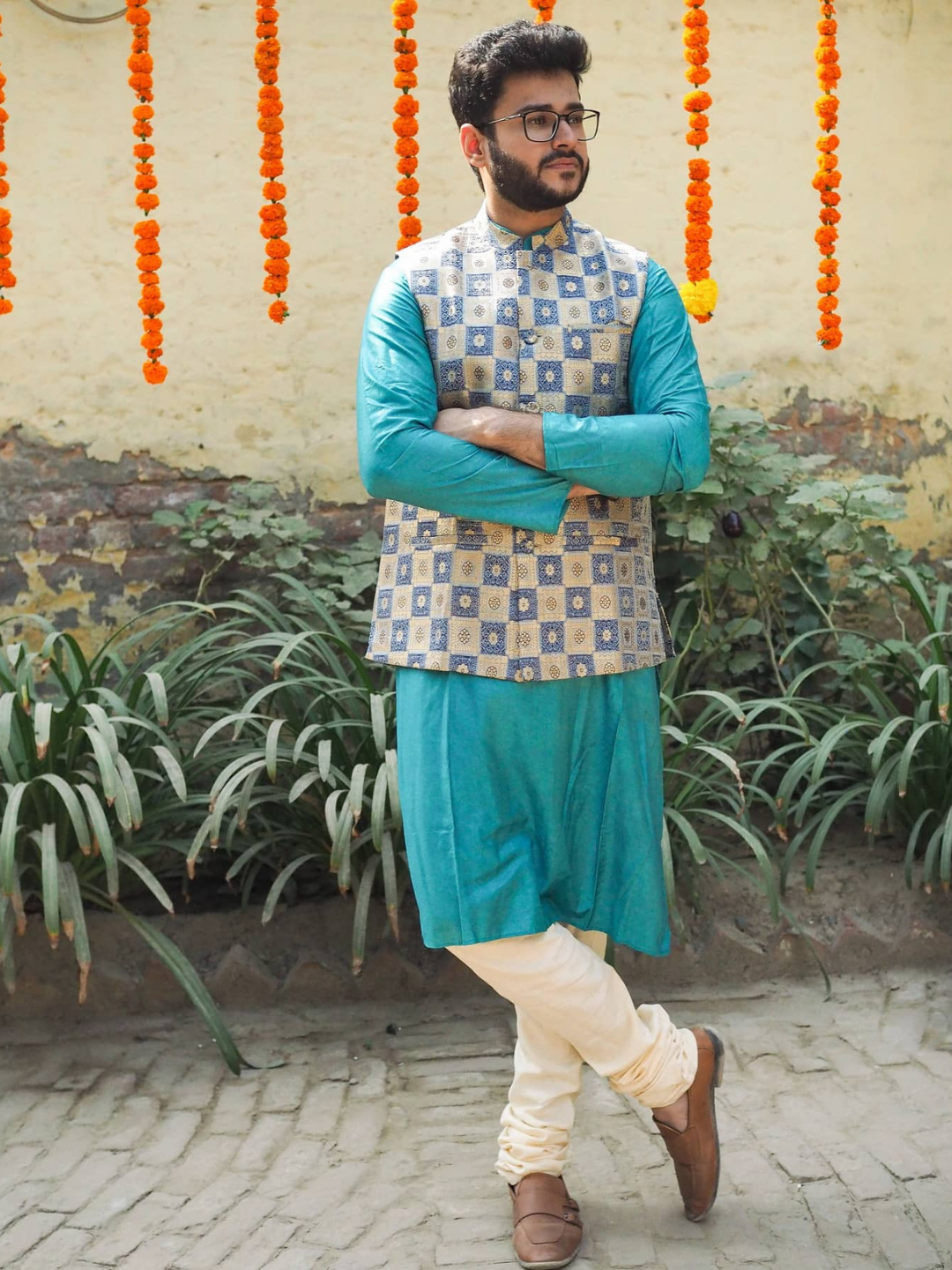 Blue & Golden Brocade Nehru Jacket