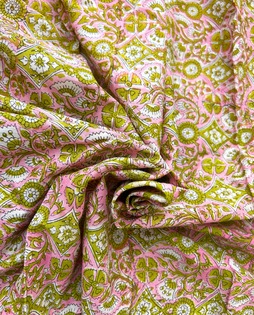 Pink and Green Block Print Cotton Fabric         (Rs.500/meter)