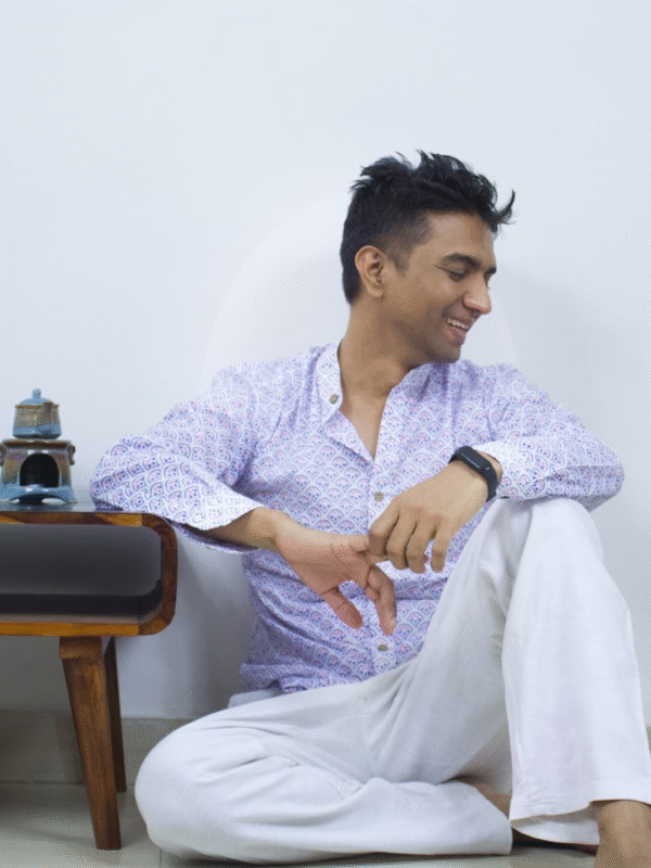 Pink Lilac Bagru Print White Cotton Shirt