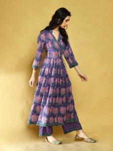 Embroidered Purple Floral Angrakha Cotton Kurta Set Women