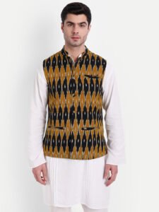 Mustard & Black Ikkat Handwoven Cotton Nehru Jacket