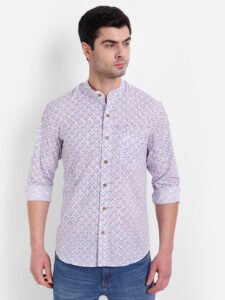 Pink Lilac Bagru Print White Cotton Shirt