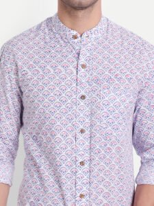 Pink Lilac Bagru Print White Cotton Shirt