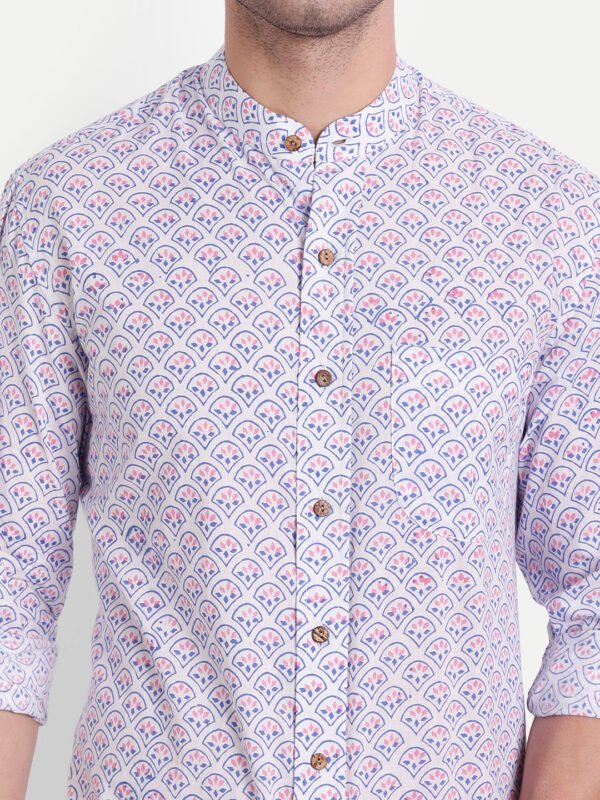 Pink Lilac Bagru Print White Cotton Shirt