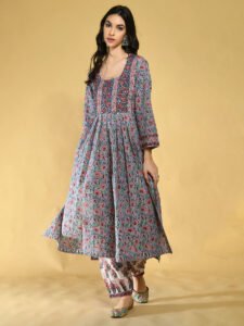 Embroidered Grey Pleated Suit Set Women