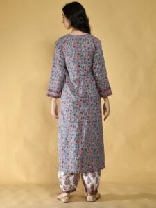 Embroidered Grey Pleated Suit Set Women