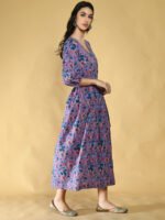 Blue and Peach Floral Wrap Around Dress Women