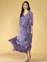 Blue and Peach Floral Wrap Around Dress Women
