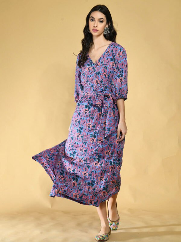 Blue and Peach Floral Wrap Around Dress Women