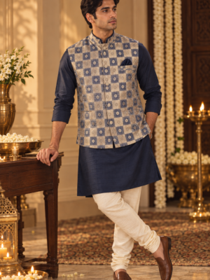 Blue & Golden Brocade Nehru Jacket