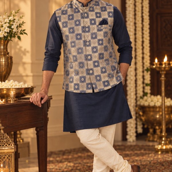 Blue & Golden Brocade Nehru Jacket