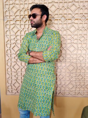 Green Floral Bagru Print Kurta