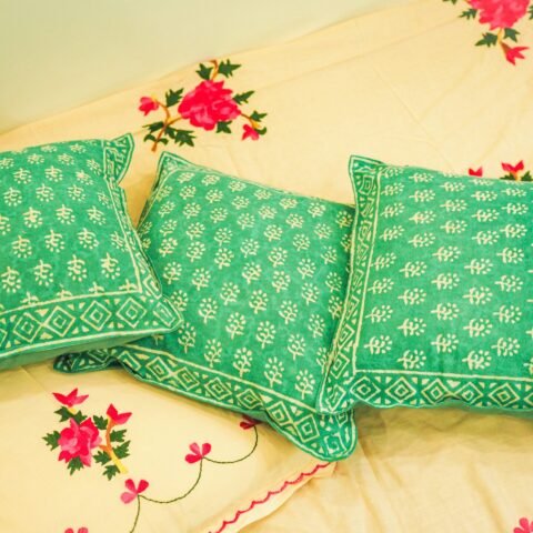 Turquoise Blue Bagru Print Cotton Cushion Cover