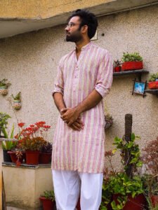 White & Purple Bagru Print Cotton Kurta