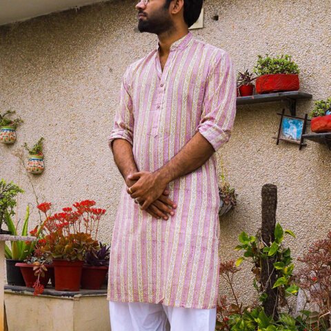 White & Purple Bagru Print Cotton Kurta