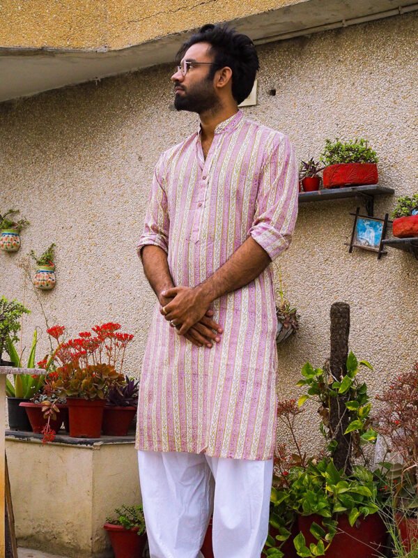 White & Purple Bagru Print Cotton Kurta