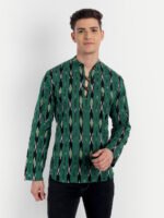 Black Stripes Ikkat Print Green Cotton Short Kurta