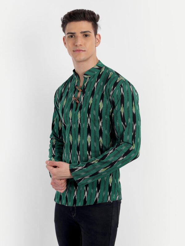 Black Stripes Ikkat Print Green Cotton Short Kurta