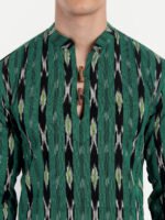 Black Stripes Ikkat Print Green Cotton Short Kurta