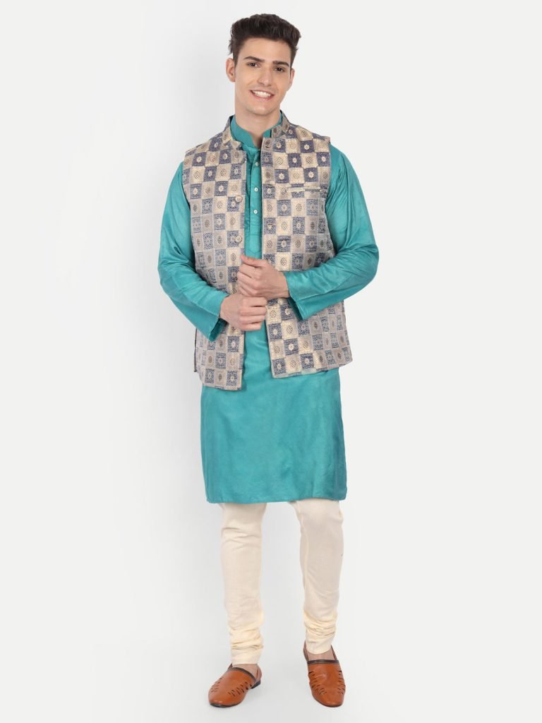 Blue & Golden Brocade Nehru Jacket — photograph 6