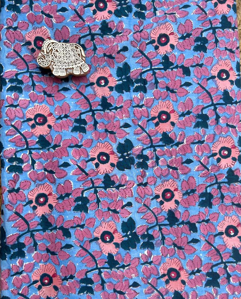 Blue & Pink Block Print Cotton Fabric         (Rs.500/meter) — photograph 4