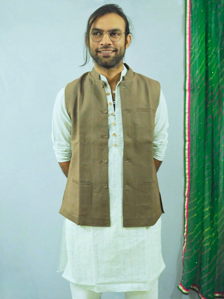 Brown Linen Nehru Jacket — photograph 3