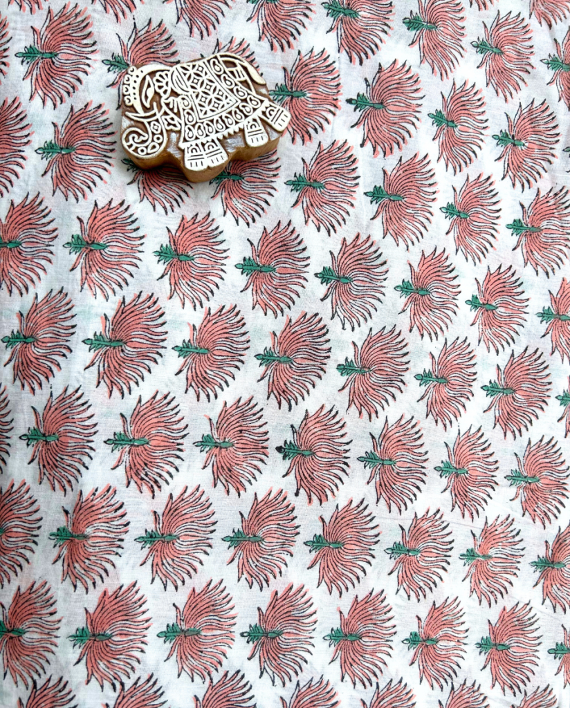 White & Peach Block Print Cotton Fabric         (Rs.500/meter) — photograph 3