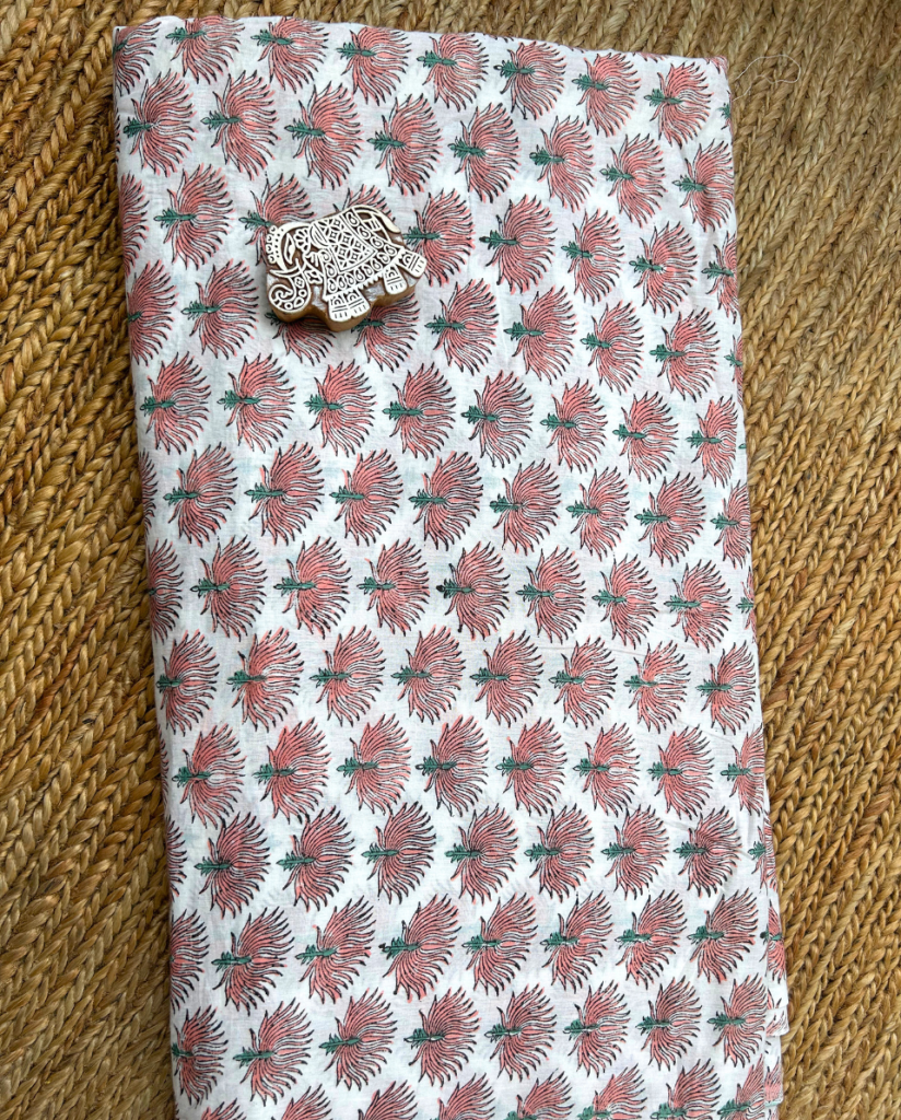 Alternative view of White & Peach Block Print Cotton Fabric         (Rs.500/meter)