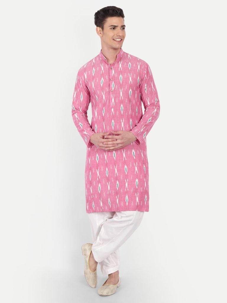 Pink Ikkat Print Cotton Long Kurta