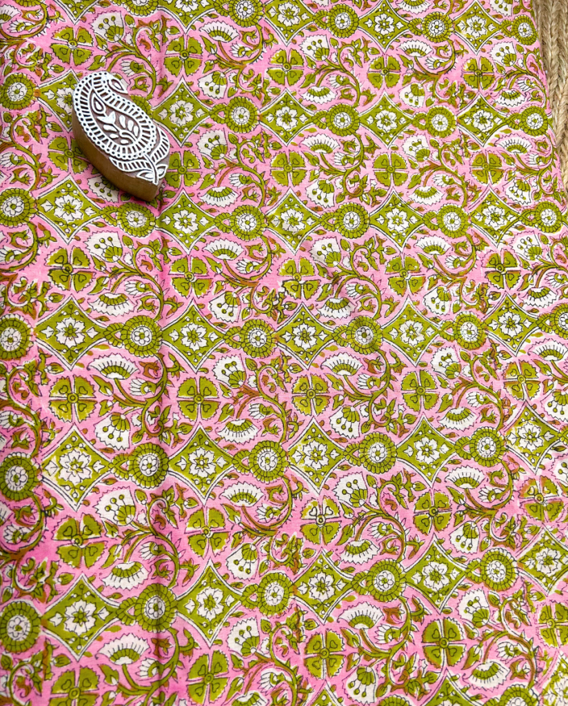 Pink and Green Block Print Cotton Fabric         (Rs.500/meter) — photograph 4