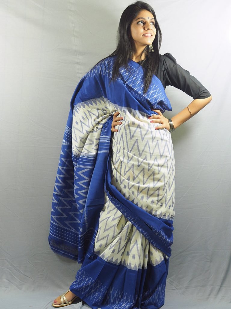Alternative view of Nizami Blue and White Ikkat Saree