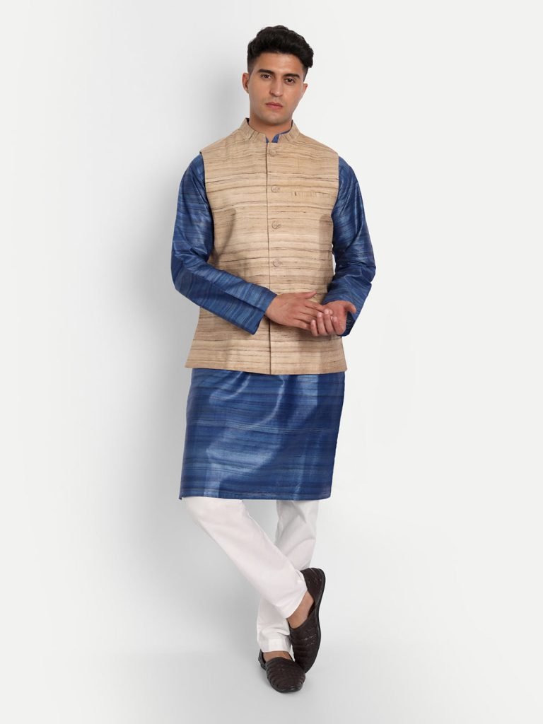 Golden Ghicha Bhagalpuri Silk Nehru Jacket — photograph 7