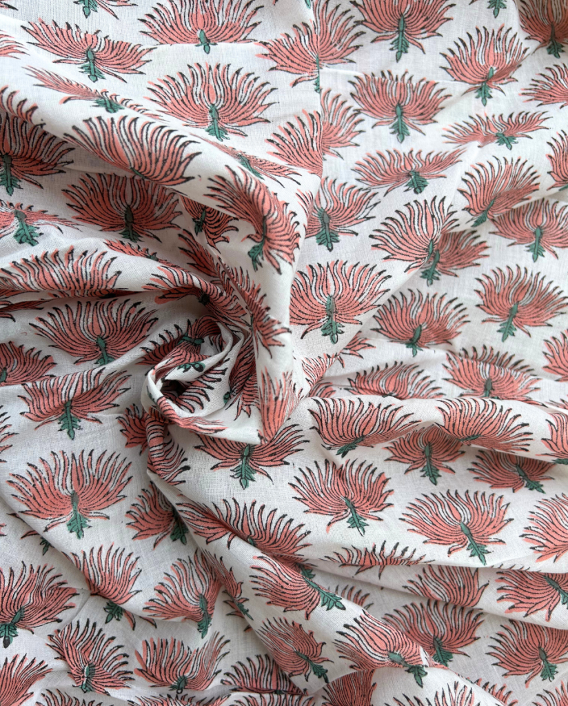 White & Peach Block Print Cotton Fabric         (Rs.500/meter)